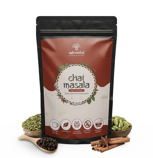 Ashvatha Chai Masala Ginger Cardamom Tea Masala with 9 Premium Herbal Spices 100g Ayurveda Yoga World 1